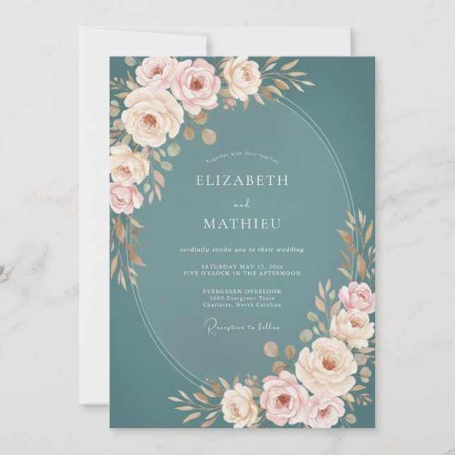 Invitación Boda Floreciente Elegante Turquesa (Anverso)