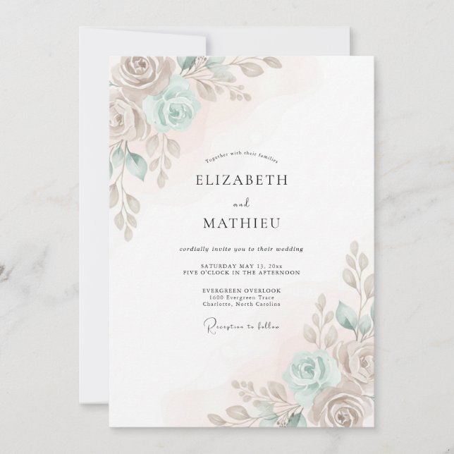 Invitación Boda Florecimiento Acuático Pintado con Flores (Anverso)