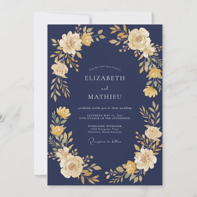 Invitación Boda Florecimiento Amarillo de Navy (Anverso)