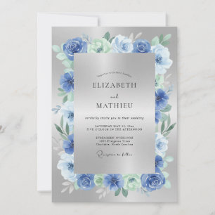 Invitación Boda Florecimiento Botánico Azul Plateado