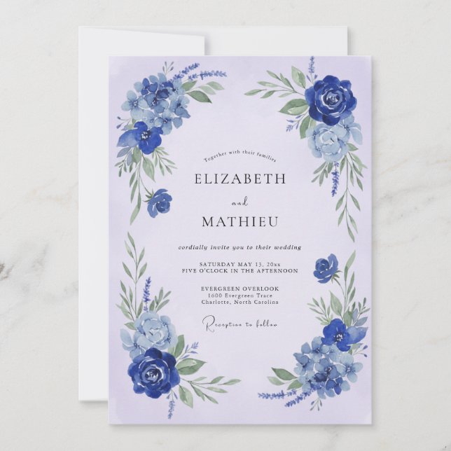 Invitación Boda Florecimiento Botánico Cobalto (Anverso)