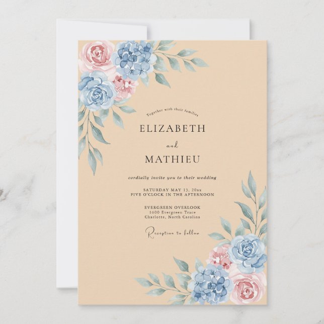 Invitación Boda Florecimiento Botánico Rubor Azul (Anverso)