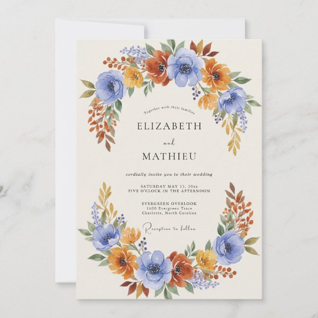 Invitación Boda Florecimiento de Otoño Naranja Azul (Anverso)