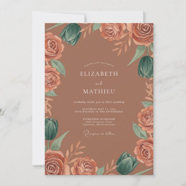 Invitación Boda Florecimiento de Rosa Terracota (Anverso)