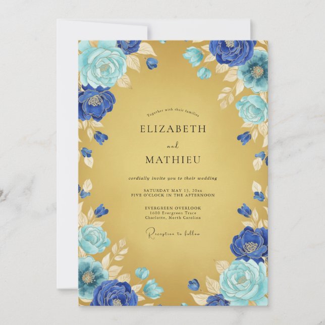 Invitación Boda Florecimiento Etéreo Azul Cobalto (Anverso)