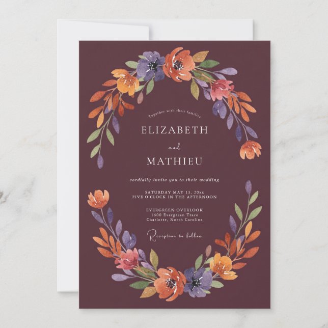 Invitación Boda Florecimiento Etéreo Ciruela (Anverso)