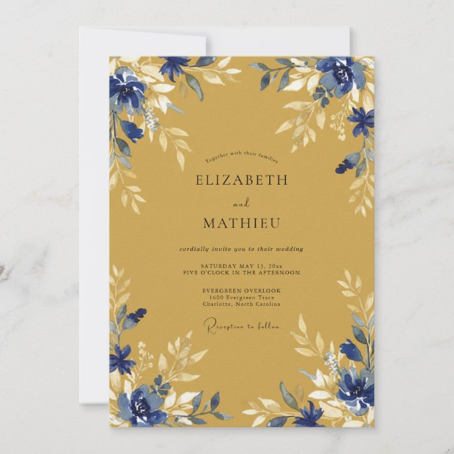 Invitación Boda Florecimiento Etéreo de Oro Azul (Anverso)
