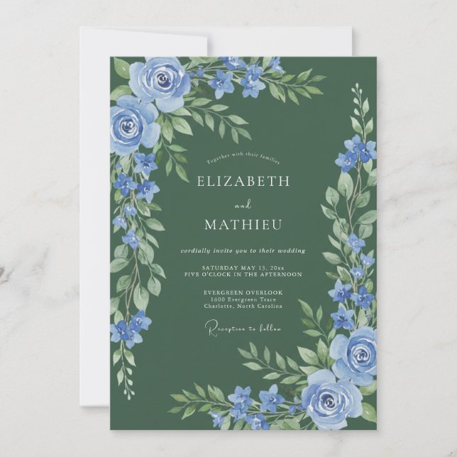 Invitación Boda Florecimiento Flor de Azul Polvoriento (Anverso)