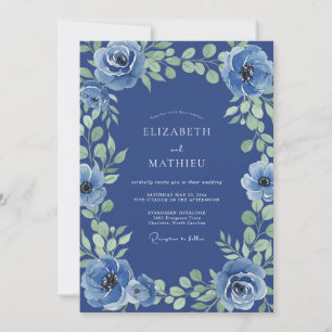 Invitación Boda Florecimiento Floral Azul Cobalto