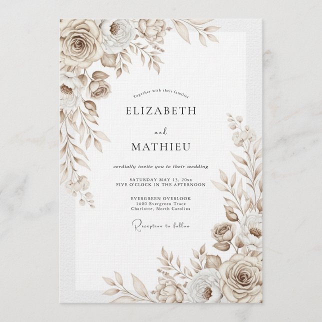Invitación Boda Florecimiento Floral Beige (Anverso)