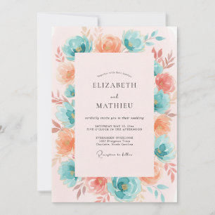 Invitación Boda Florecimiento Floral Coral Teal