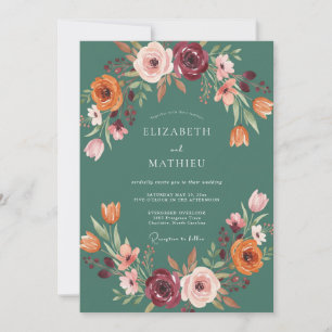 Invitación Boda Florecimiento Floral Otoño Verde Teal