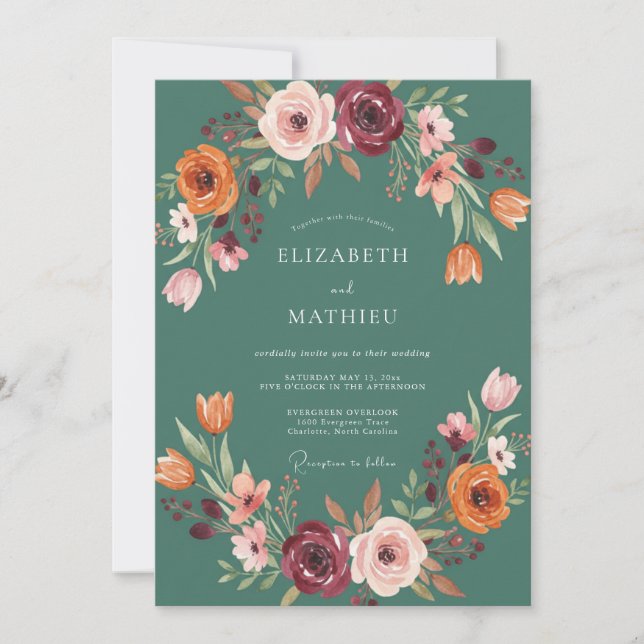 Invitación Boda Florecimiento Floral Otoño Verde Teal (Anverso)