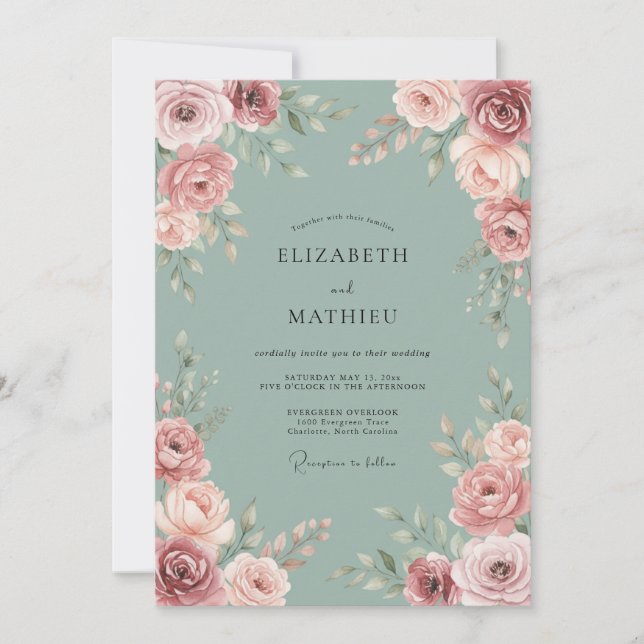 Invitación Boda Florecimiento Floral Romántico Rubor (Anverso)