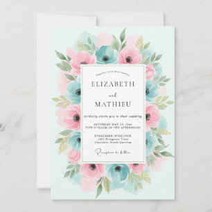 Invitación Boda Florecimiento Floral Rosa Verde Acuático