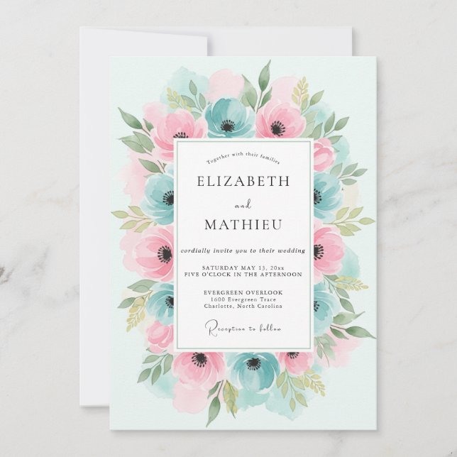 Invitación Boda Florecimiento Floral Rosa Verde Acuático (Anverso)