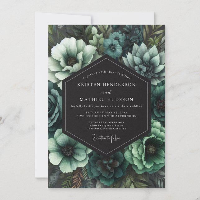 Invitación Boda florecimiento gótico teal (Anverso)