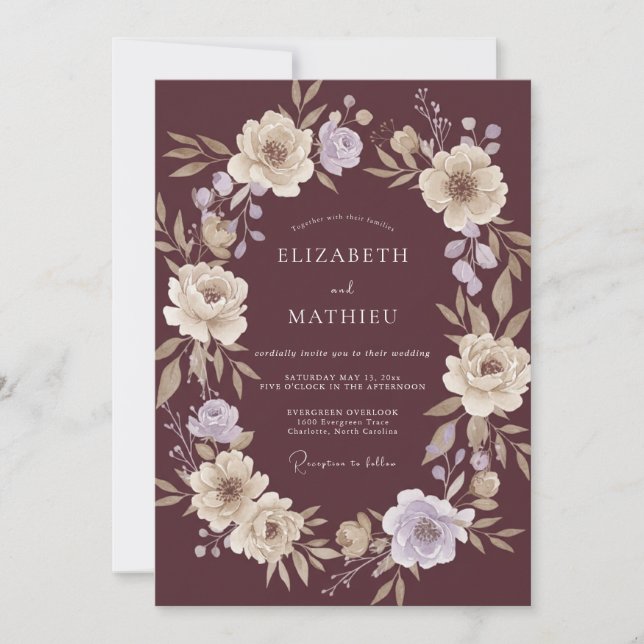 Invitación Boda Florecimiento Pintoresco Borgoña (Anverso)