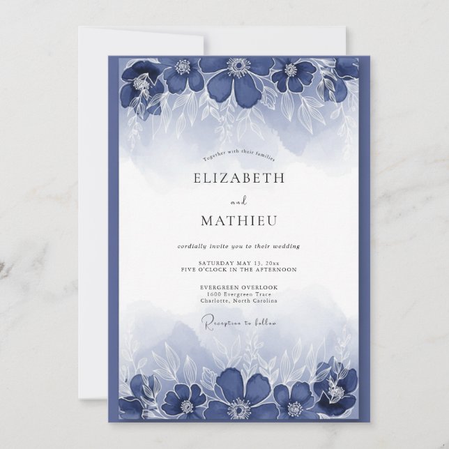 Invitación Boda Florecimiento Pintoresco Índigo (Anverso)