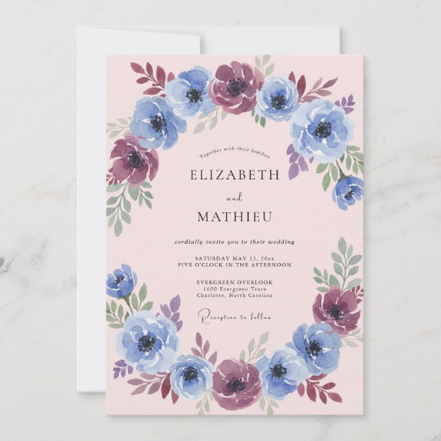 Invitación Boda Florecimiento Pintorico Ciruela Azul (Anverso)