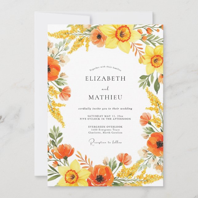Invitación Boda Florecimiento Pintorico Naranja Amarillo (Anverso)