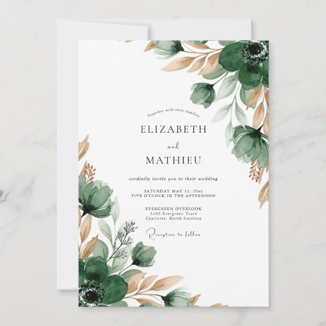 Invitación Boda Florecimiento Verde Esmeralda (Anverso)