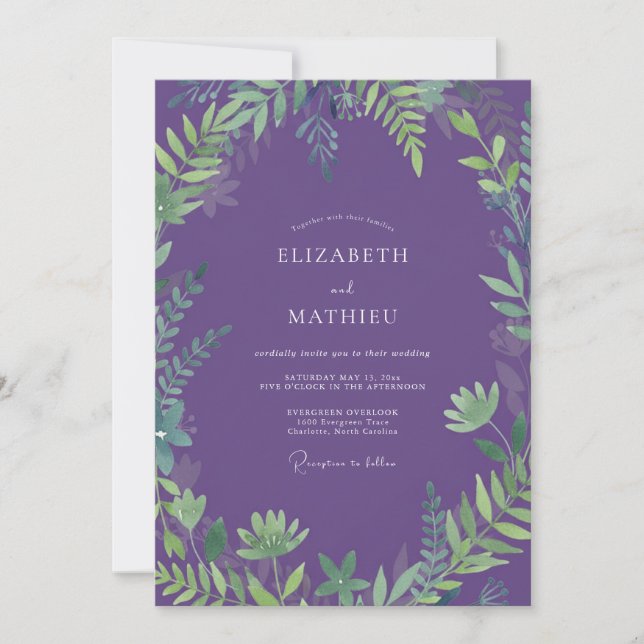 Invitación Boda Florecimiento Verde Púrpura (Anverso)