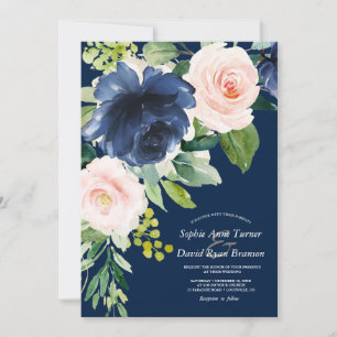 Invitación Boda Flores Acuarela Azul Marino Rosa Dorado