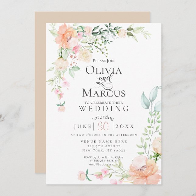 Invitación BODA | Flores acuáticas de primavera pastel (Anverso / Reverso)