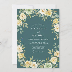 Invitación Boda Flores Amarillas Verde Teal Verdant