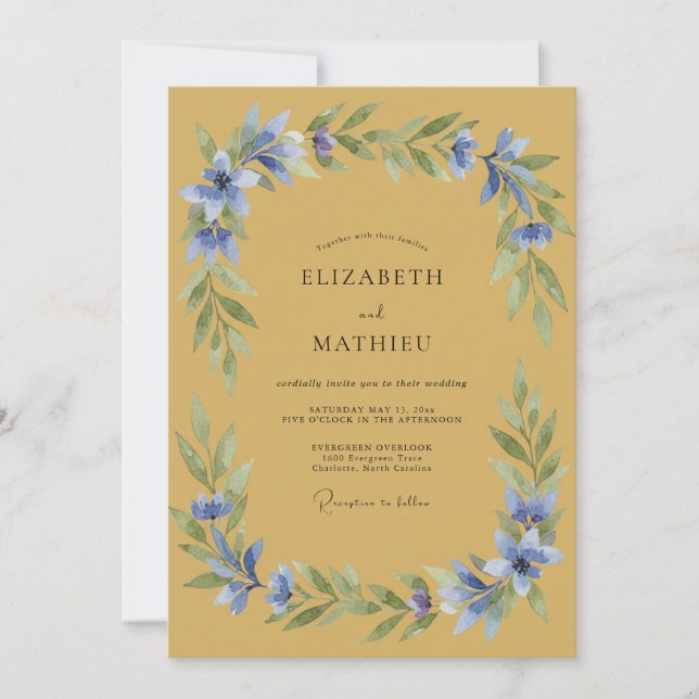 Invitación Boda Flores Azules Ocres Florecimiento (Anverso)