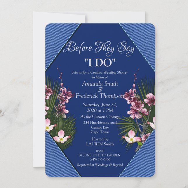 Invitación Boda - Flores Azules y Rosadas de la Marina Ducha (Anverso)
