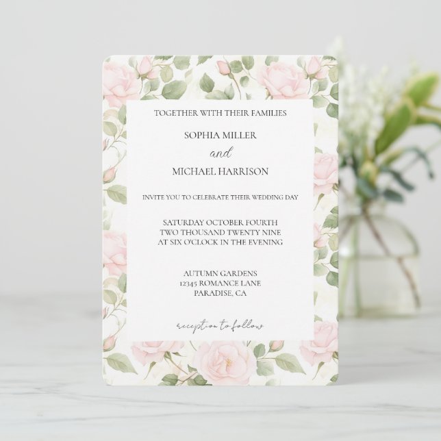 Invitación Boda Flores Blancas Rosadas Rubor (Anverso de pie)