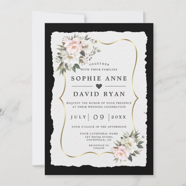 Invitación Boda Flores Blancas Rosadas Únicas Doradas  (Anverso)