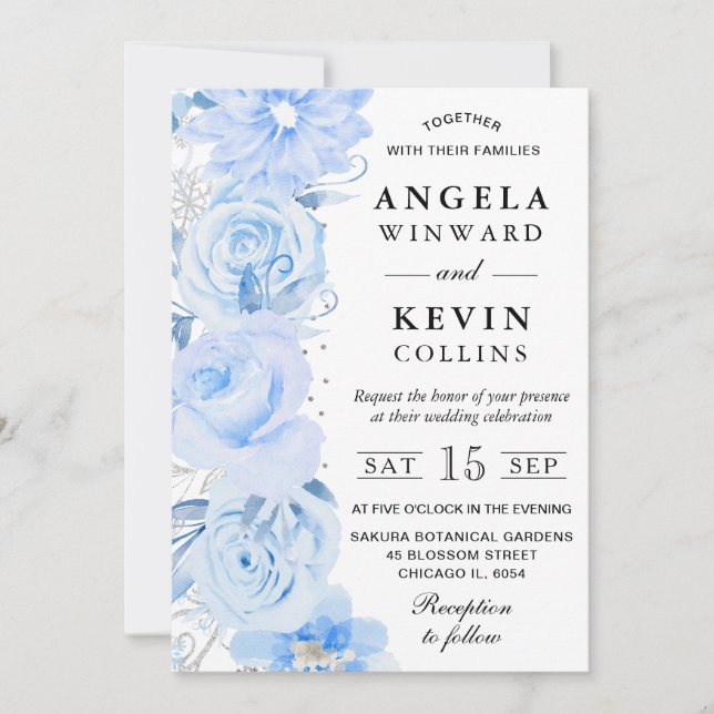 Invitación Boda Flores Boho Invierno Azul Claro (Anverso)