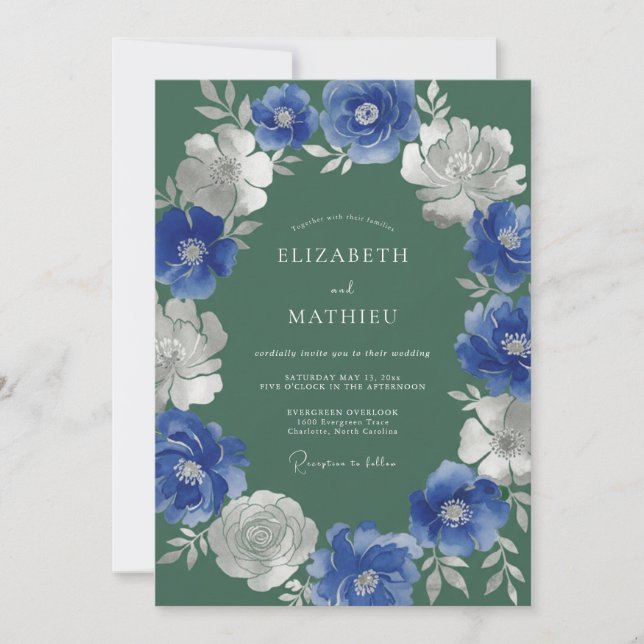 Invitación Boda Flores Botánicas Azul Real (Anverso)