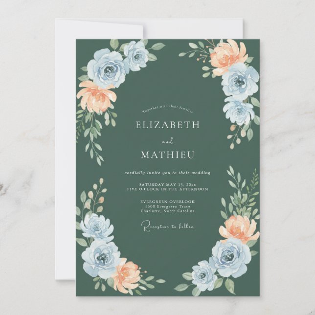 Invitación Boda Flores Botánicas Melocotón Azul (Anverso)