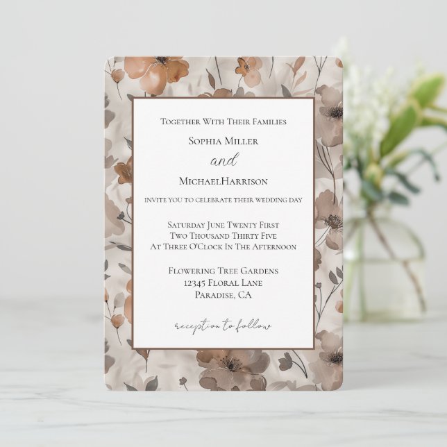Invitación Boda Flores Crema Naranja Marrón (Anverso de pie)