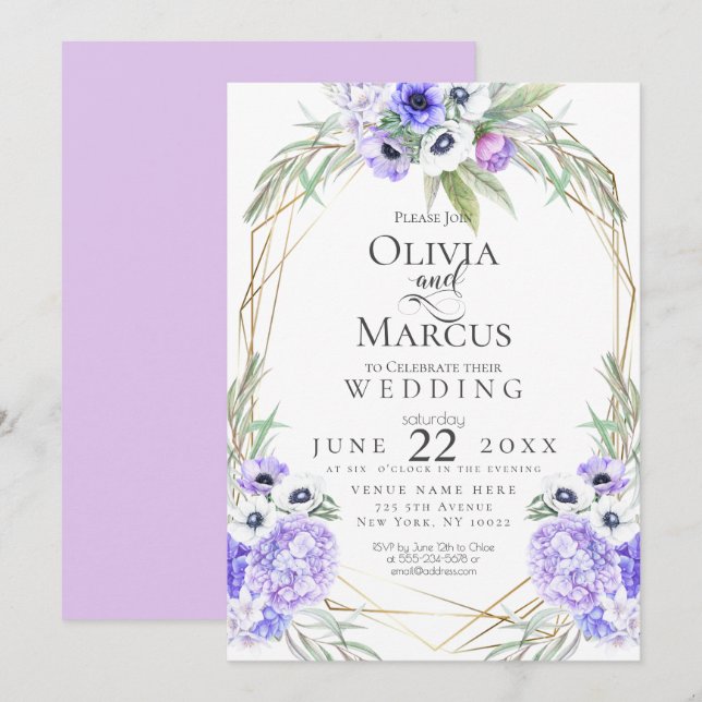 Invitación Boda | Flores de anémona violeta (Anverso / Reverso)