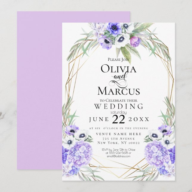 Invitación Boda | Flores de anémona violeta (Anverso / Reverso)