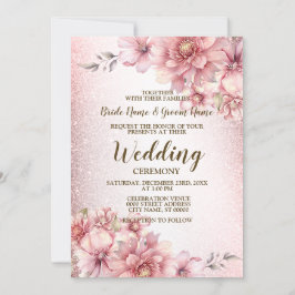 Invitación Boda Flores de color de agua rosada Purpurina bril