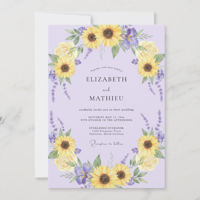 Invitación Boda Flores de Girasol Amarillo Lavanda (Anverso)