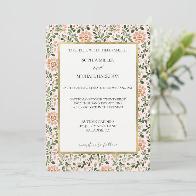Invitación Boda Flores de Melocotón Rosado Hojas Verdes (Anverso de pie)