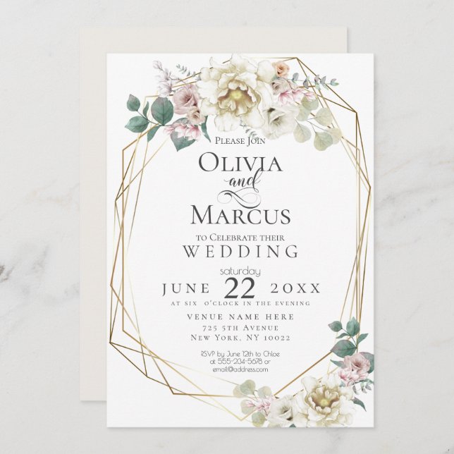 Invitación Boda | Flores de peonía de vainilla acuarela (Anverso / Reverso)