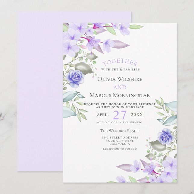 Invitación Boda | Flores Lilac y Pink Garden (Anverso / Reverso)