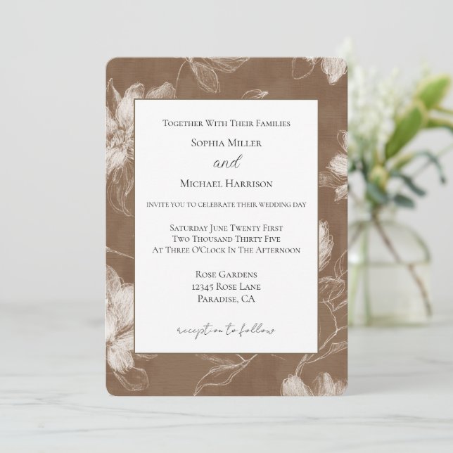 Invitación Boda Flores Marrones Crema (Anverso de pie)