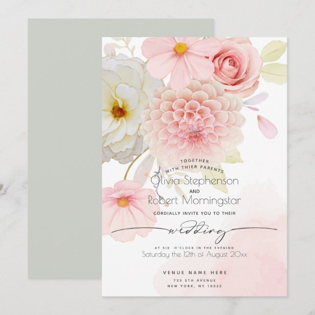 Invitación BODA | Flores mixtas de marfil rosado de Rubor (Anverso / Reverso)