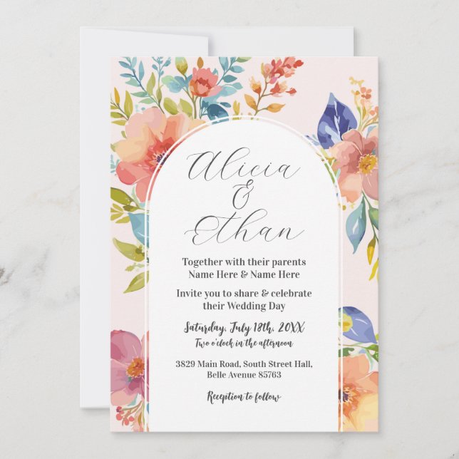 Invitación Boda Flores Modernas Elegante Rosa (Anverso)