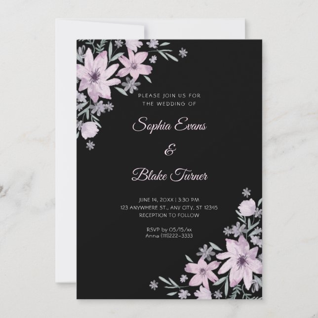 Invitación Boda Flores Moradas Románticas Negras Florales (Anverso)