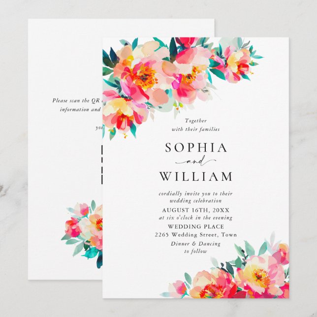 Invitación Boda Flores Naranjas Rosa Brillante Festivas (Anverso / Reverso)